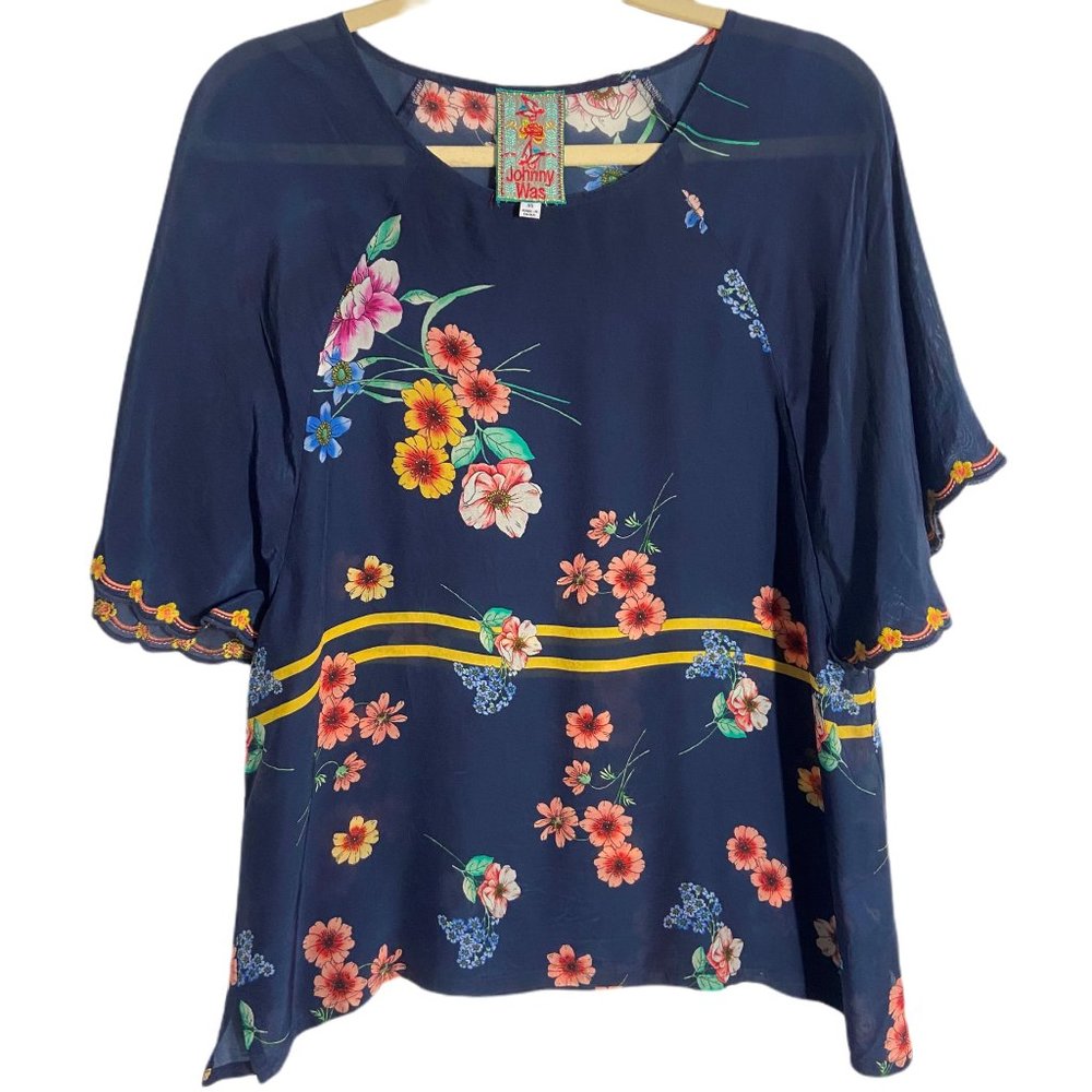 Johnny Was top, blue with flowers size XS